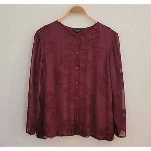 St‎ John Vintage Maroon Silk Blend Button Up Blouse 12 Long Puff Sleeve Crewneck